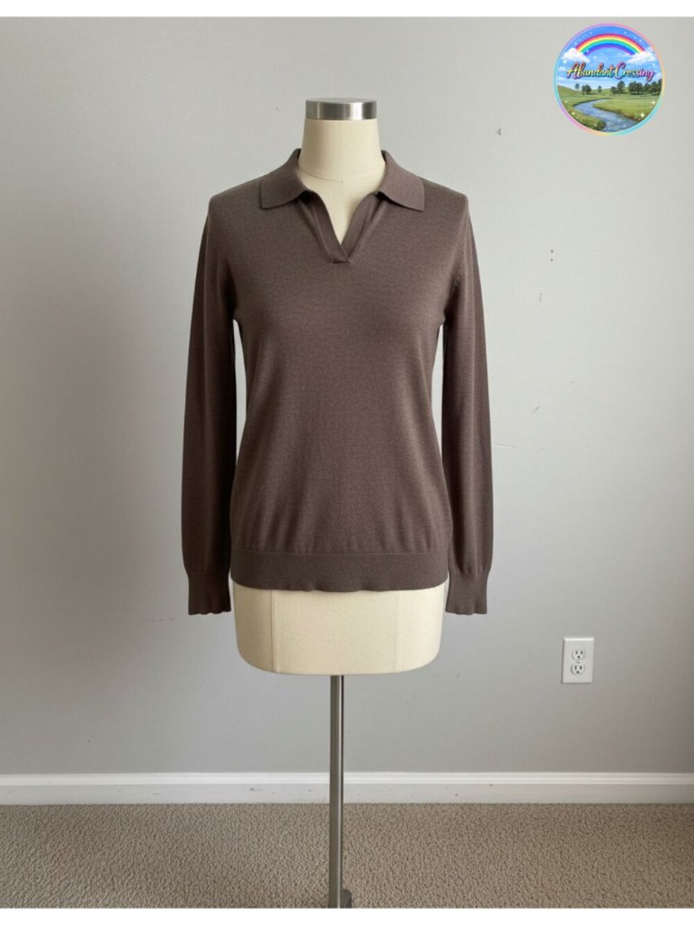 Wool Blend V-Neck Polo Collar Sweater Long Sleeve Pullover